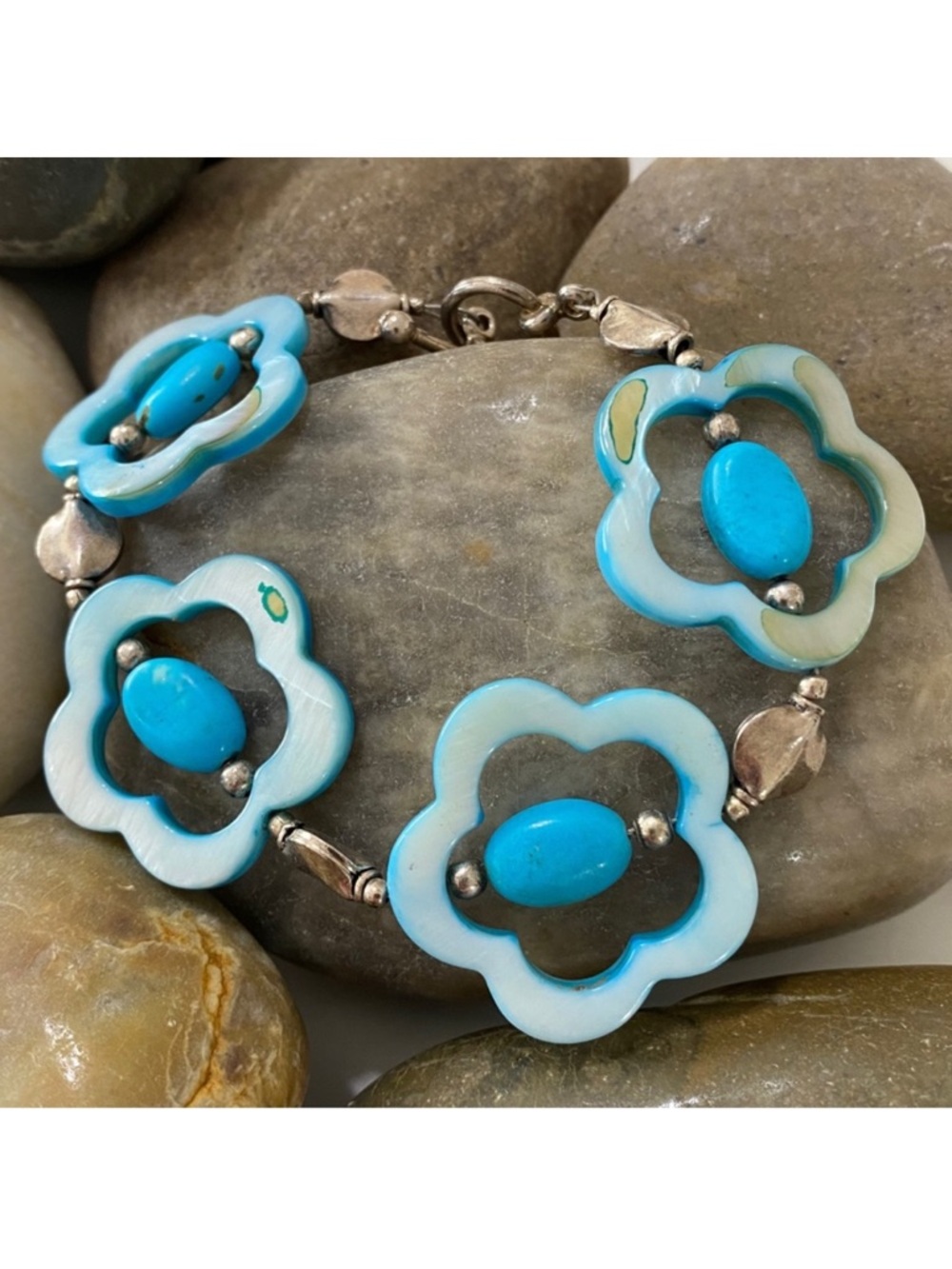 Handmade Floral Blue Abalone & Turquoise Sterling Silver Boho Artisan Bracelet